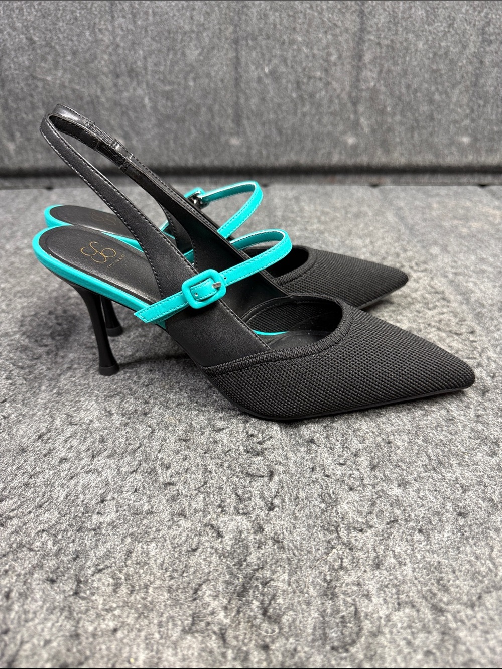 Cozy Island Black Pointed Slingback Heels with Turquoise Strap - Picture 6 of 9